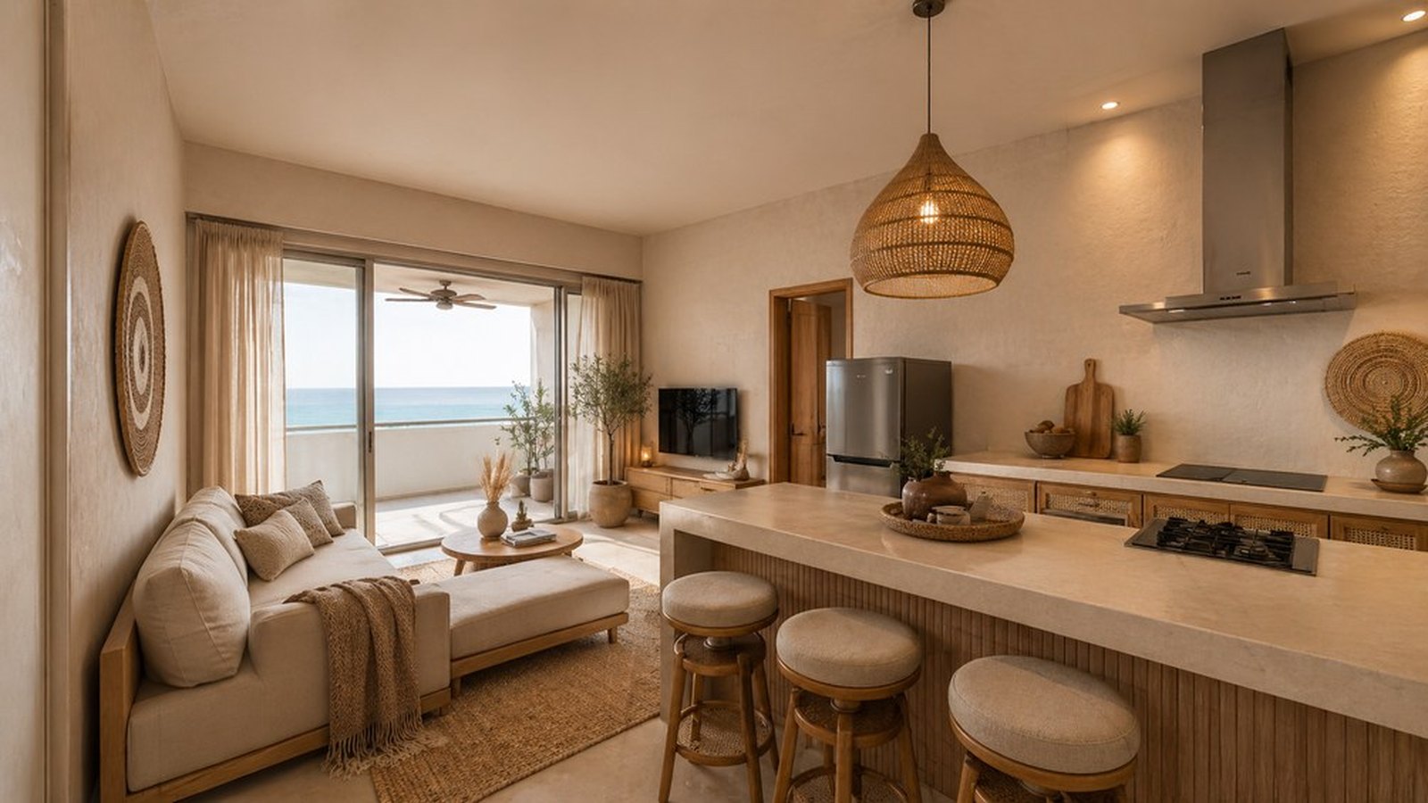Living room and kitchen with the island and bar stools