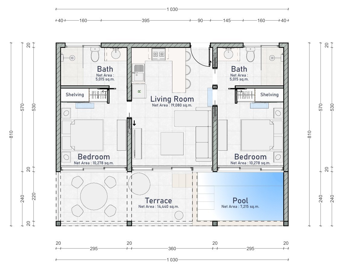 Floor plan of the 83 m2 apartment: two bedrooms, two bathrooms, living room, terrace and pool