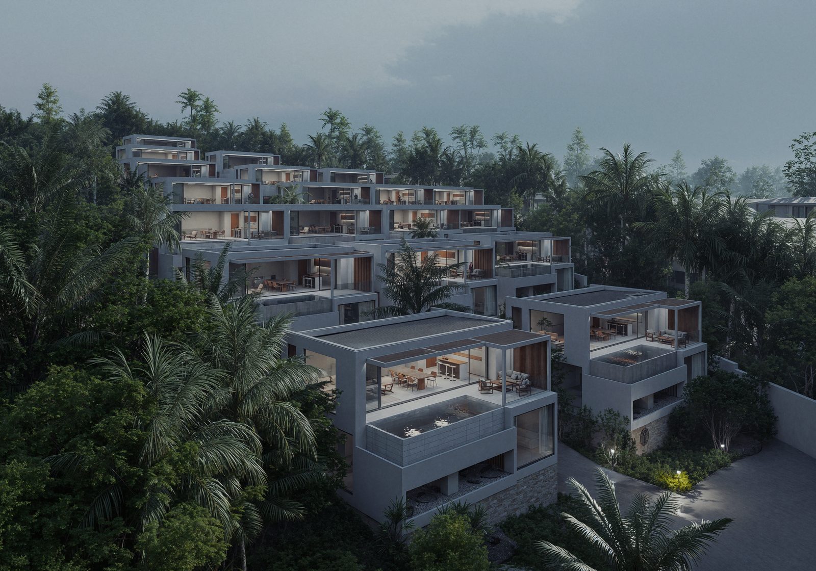 Aerial view of the villas in daylight