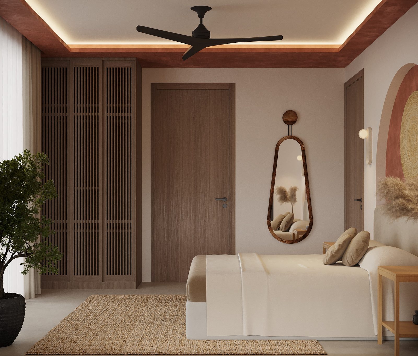 Bedroom with warm finishes