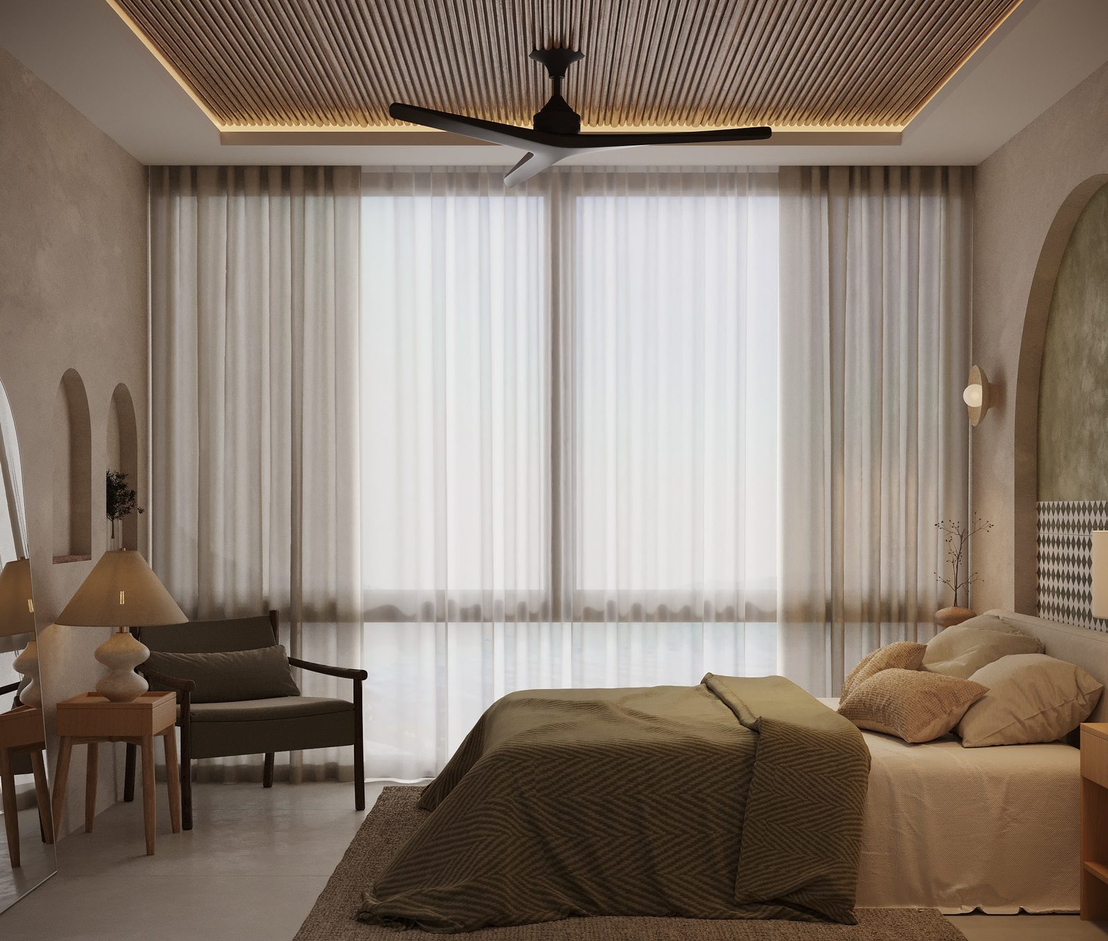 Bedroom with arched detailing
