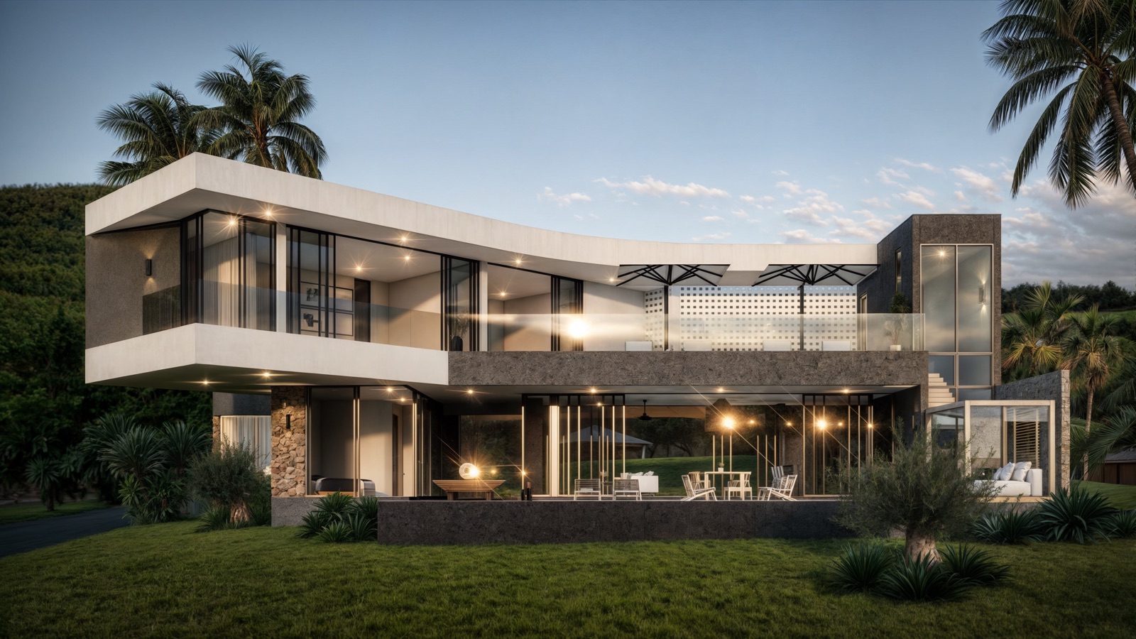Four-bedroom villa exterior at twilight with lit interiors