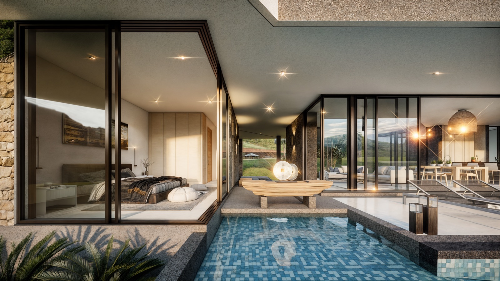 Indoor-outdoor water court beside the bedroom and dining area