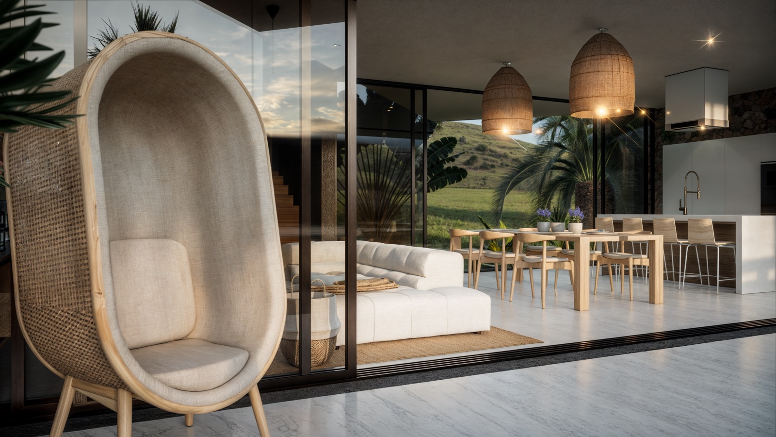 Pool terrace at dusk with sun loungers and covered dining