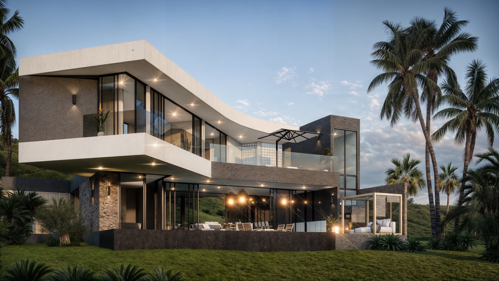 Three-bedroom villa exterior at twilight among palms