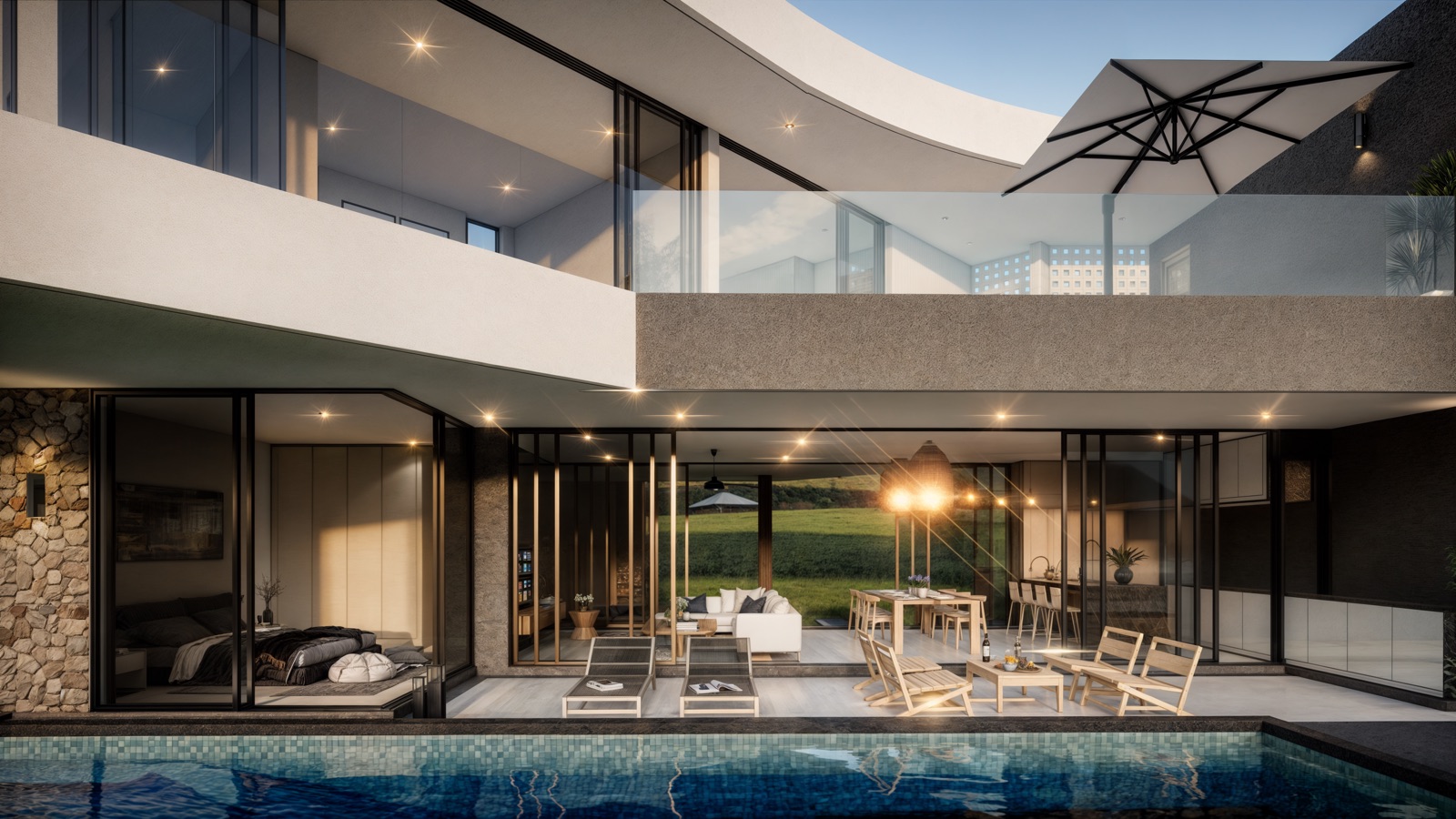 Private pool and covered terrace at dusk