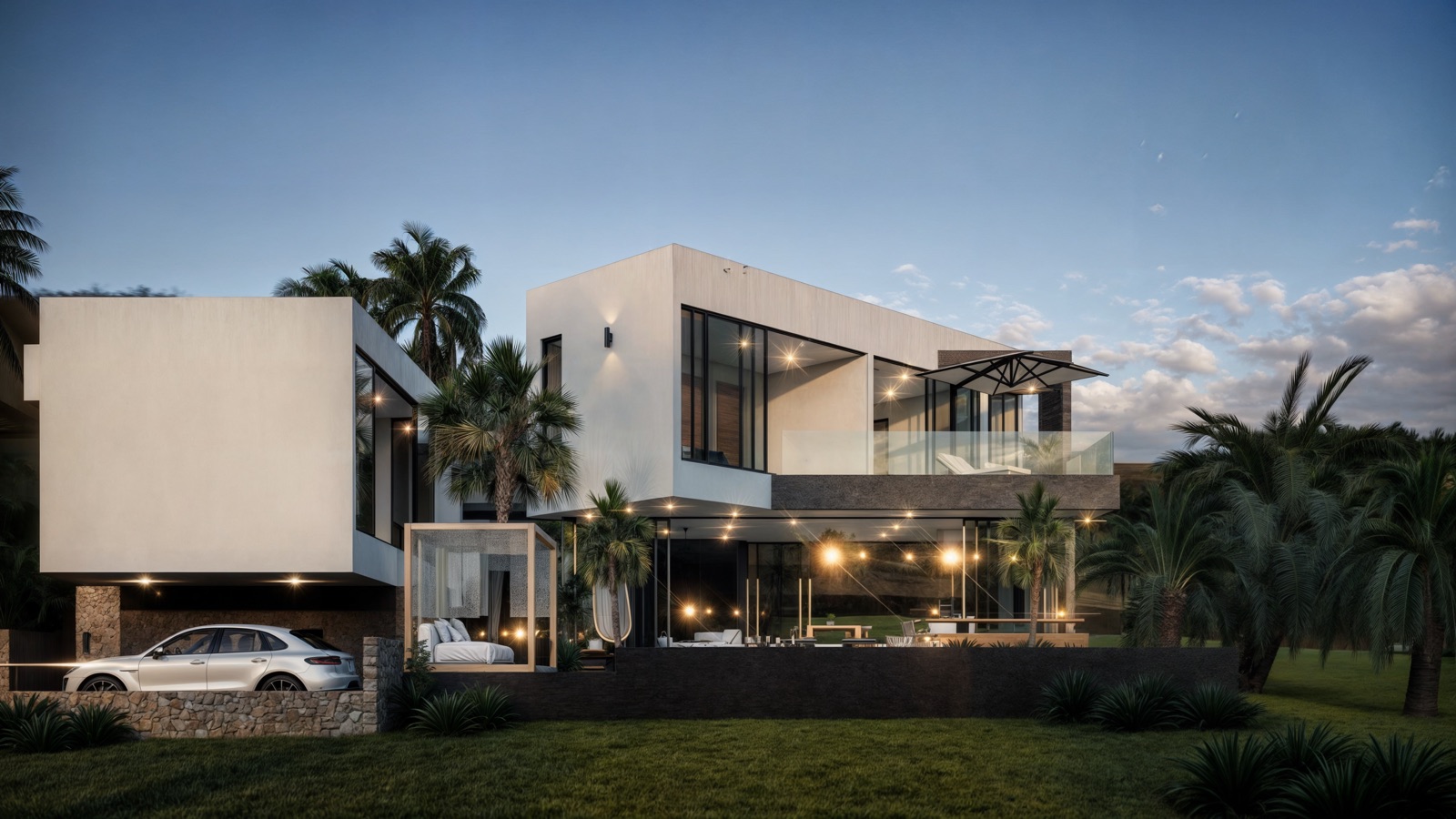 Contemporary villa exterior at dusk with garden