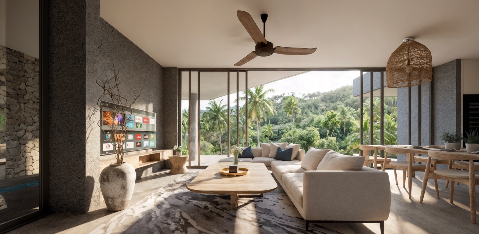 Open-plan living room with full-height glass to the greenery