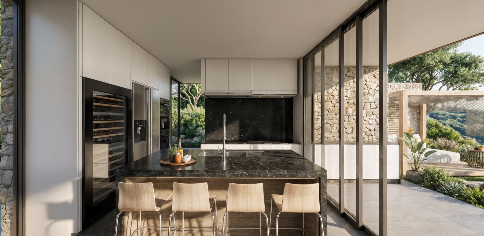 Kitchen and dining area with a stone island