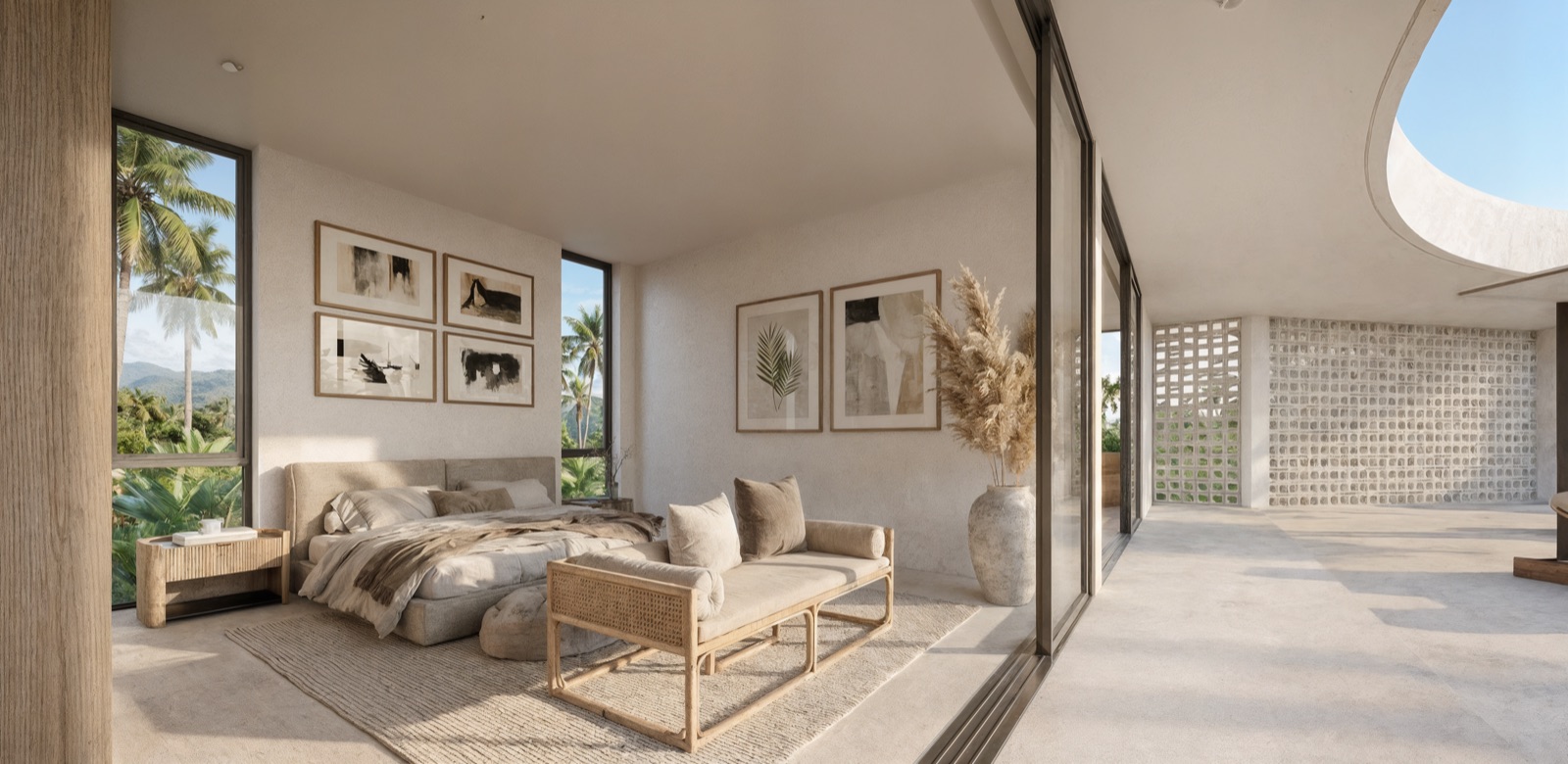 Master bedroom opening to palms through full-height glass
