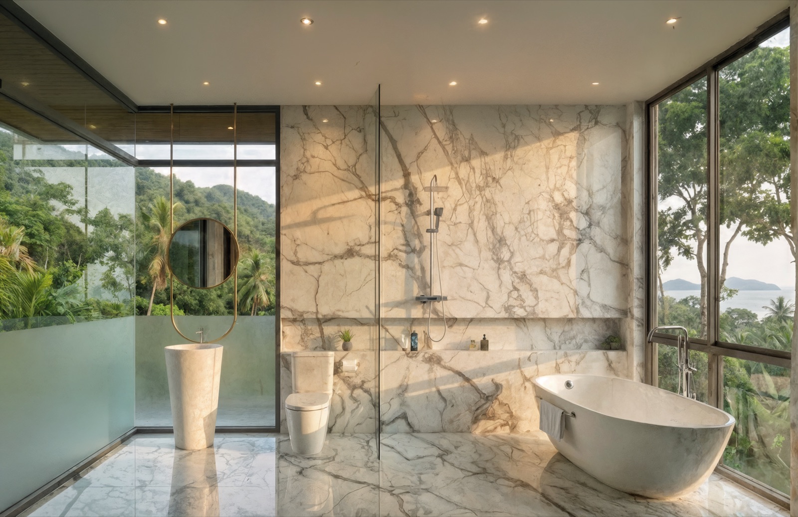 Marble en-suite bathroom with a freestanding tub and a view