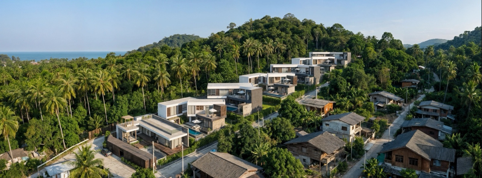 Aerial view of the villa development among palms by the sea