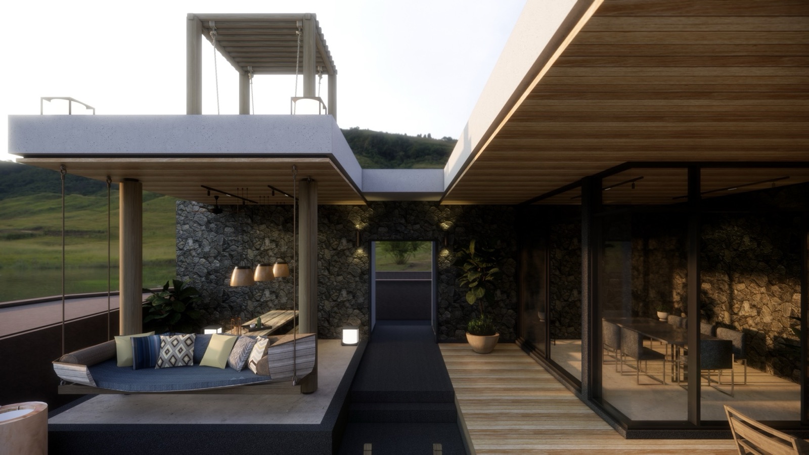 Clubhouse lounge with a hanging daybed and hillside view