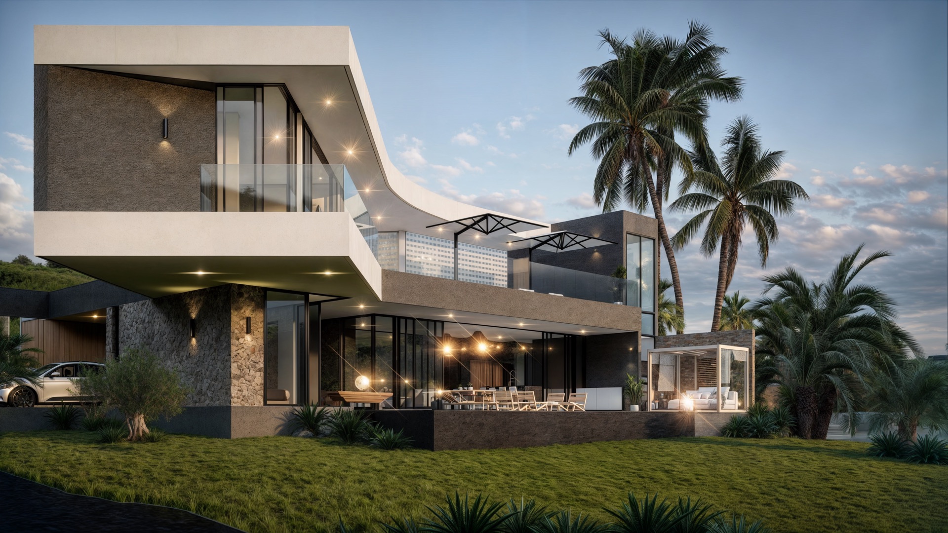 Four-bedroom villa exterior at twilight with lit interiors