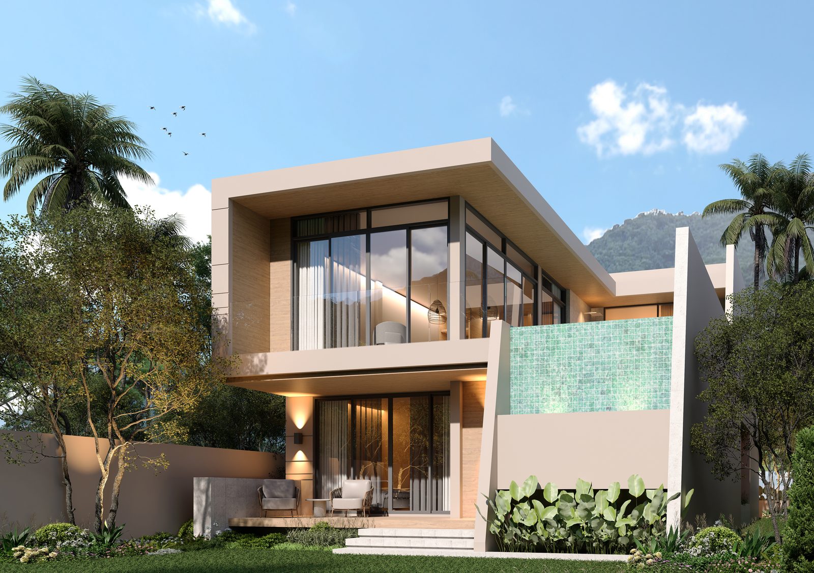 Two-storey villa with full-height glass and a projecting upper floor
