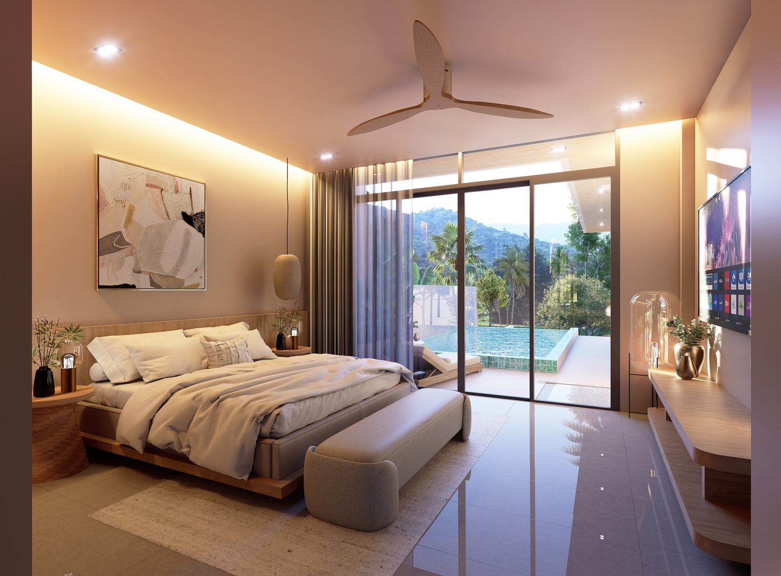 Bedroom with sliding glass onto the pool terrace