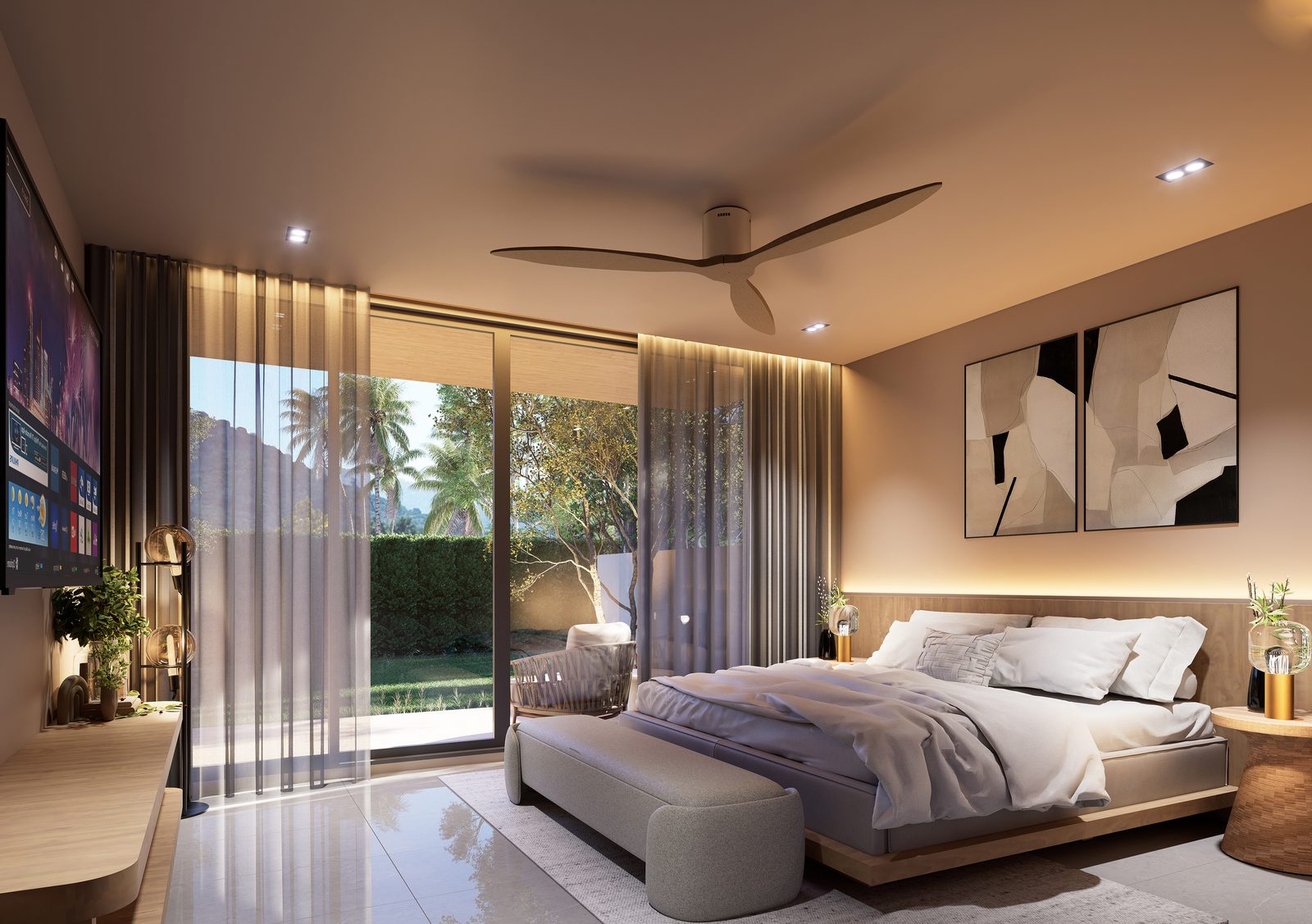 Master bedroom with a ceiling fan and full-height curtains