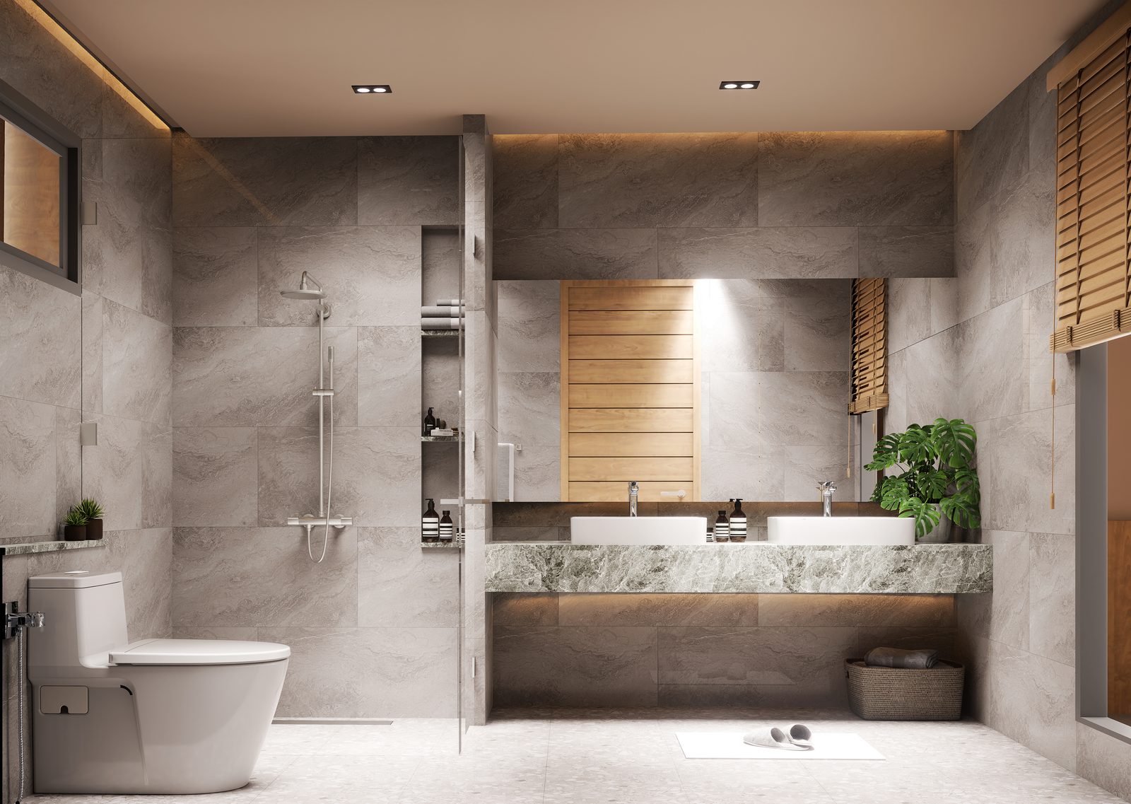 Master bathroom with a stone twin vanity and walk-in shower
