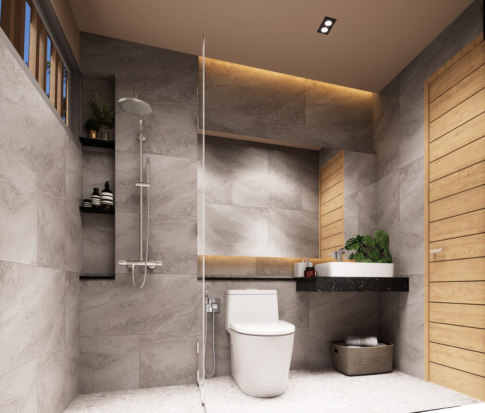 Bathroom with a walk-in shower and timber panelling