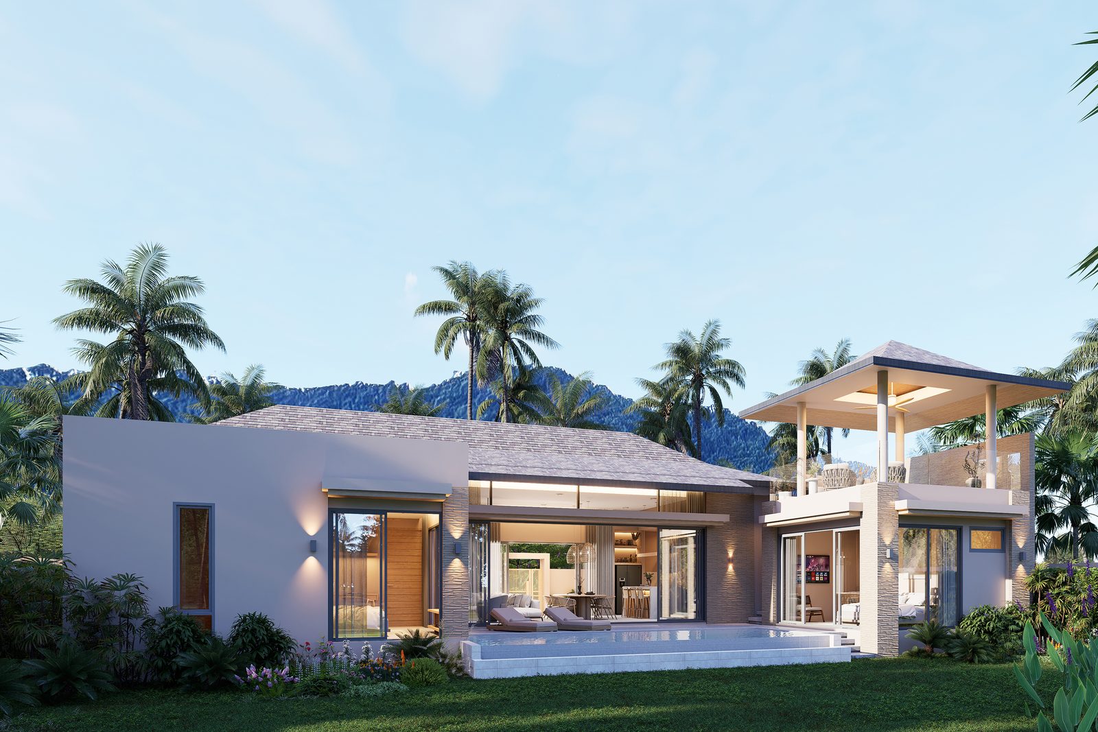 Single-storey pool villa lit at dusk beneath the hills