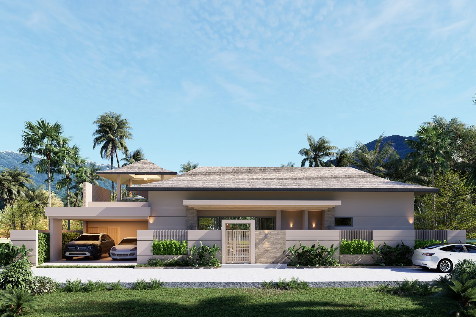 Single-storey villa and its covered parking from the road