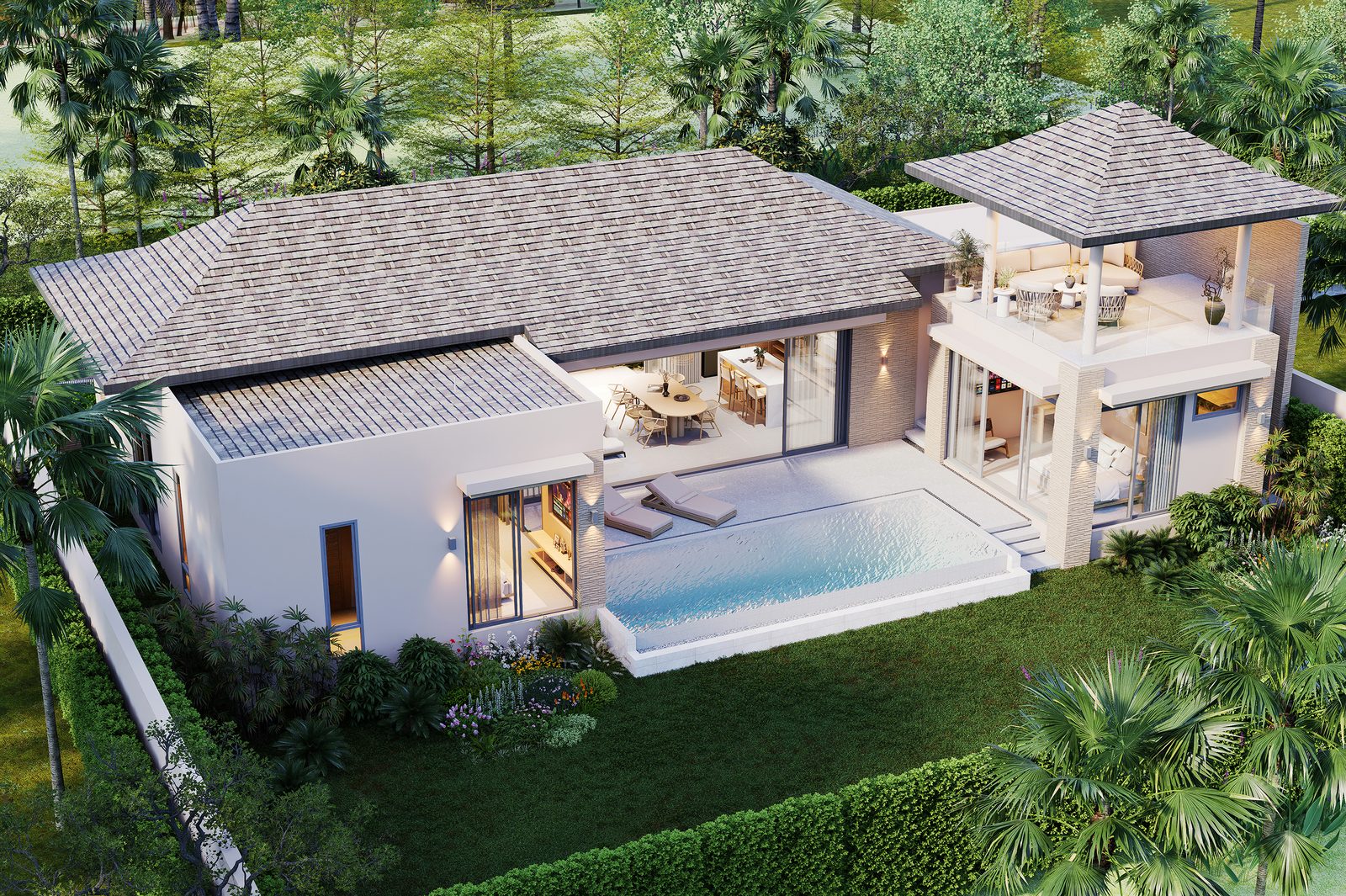 Aerial view of the single-storey villa, its pool and sala