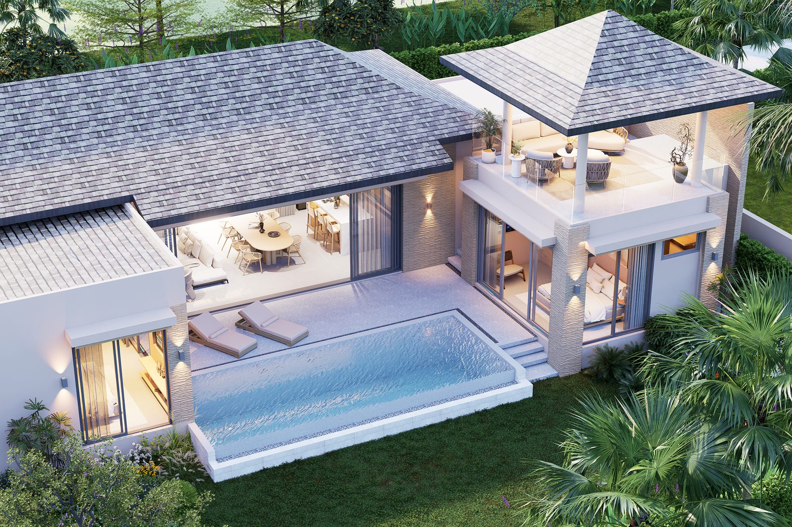 The villa from above, pool deck and poolside sala