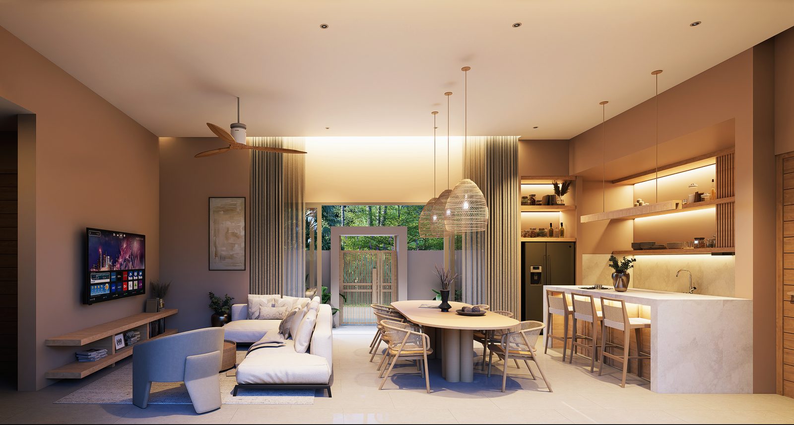 Open-plan living and dining with the kitchen beyond