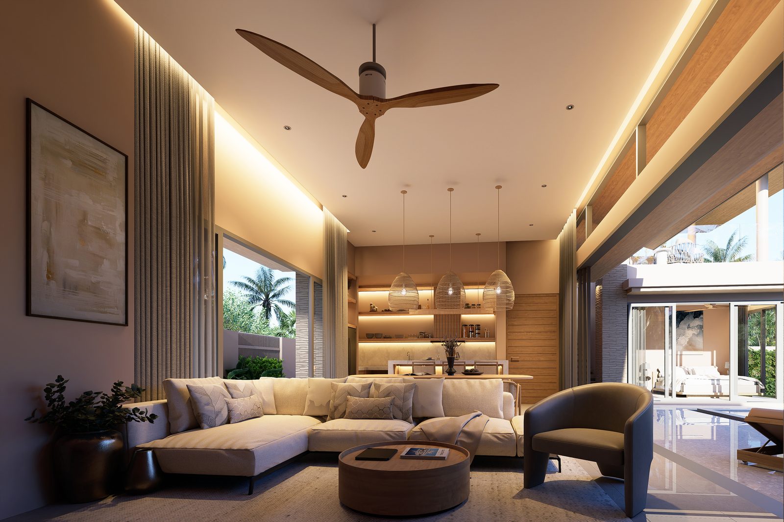 Living room under a raised ceiling with a ceiling fan