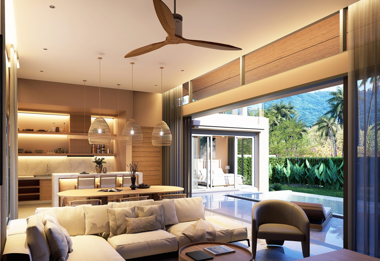 Living area opening through full-height glass to the pool