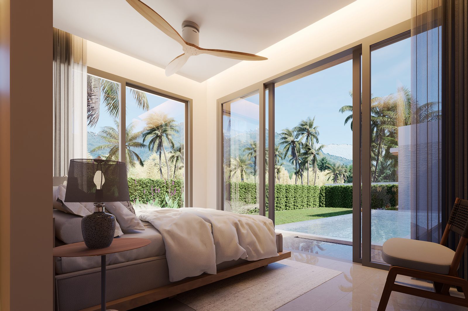 Bedroom with sliding doors onto the garden and pool