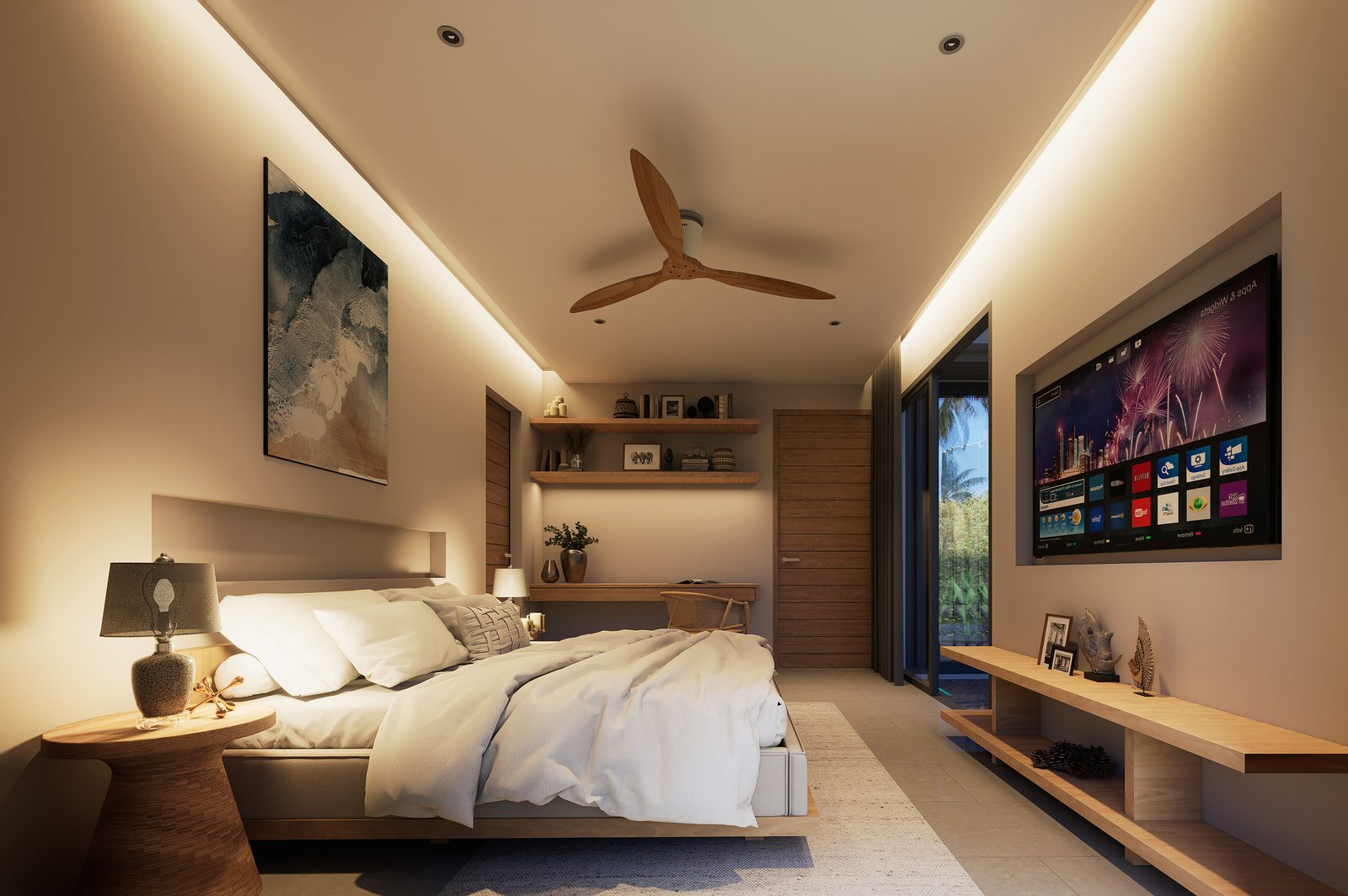 Master bedroom with a timber headboard wall