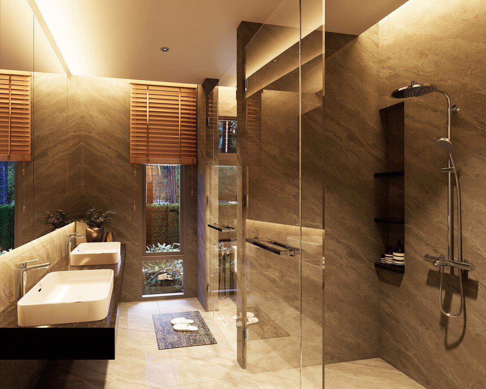 Master bathroom with a walk-in shower and stone vanity
