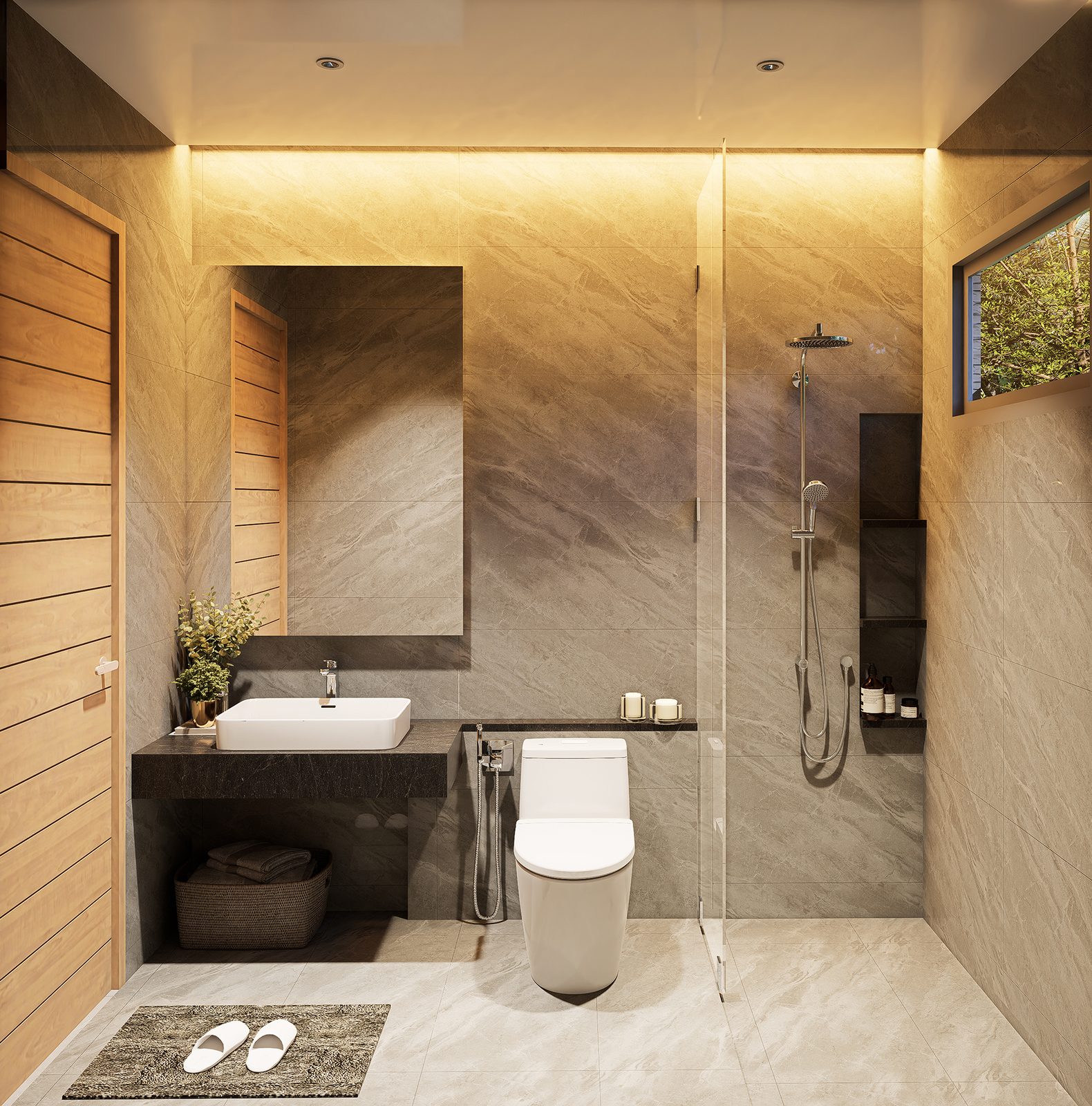 Bathroom finished in stone and warm timber