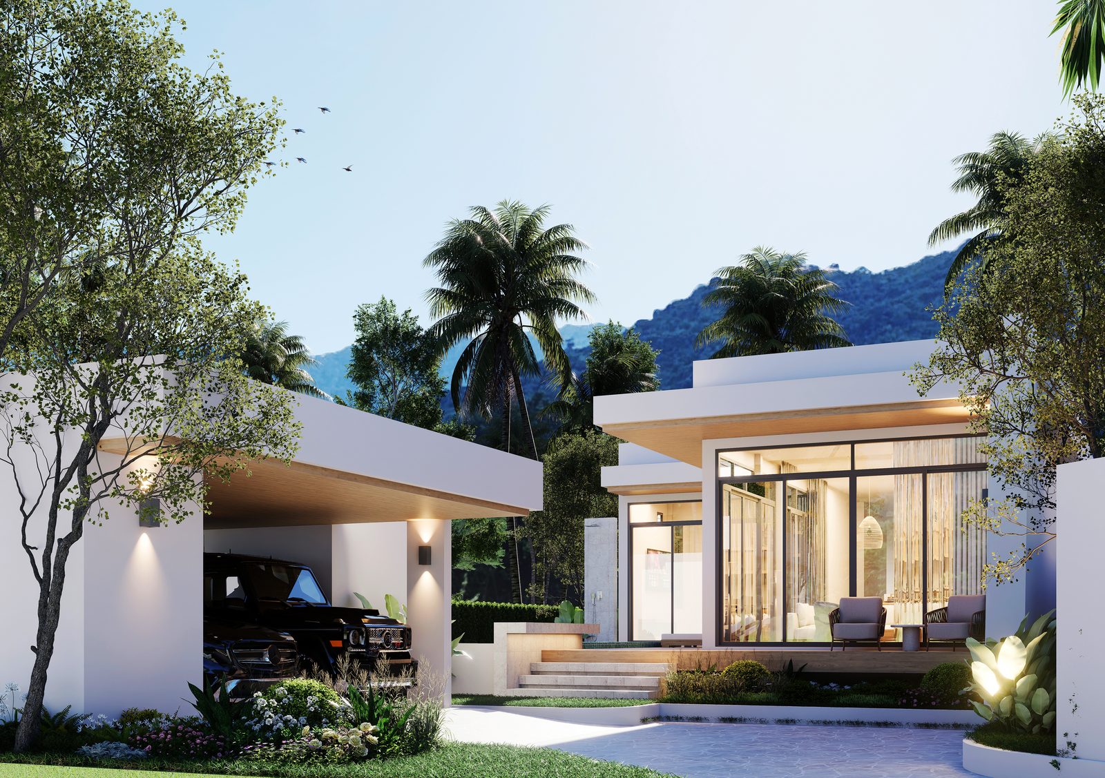 Two-bedroom villa entrance and covered parking