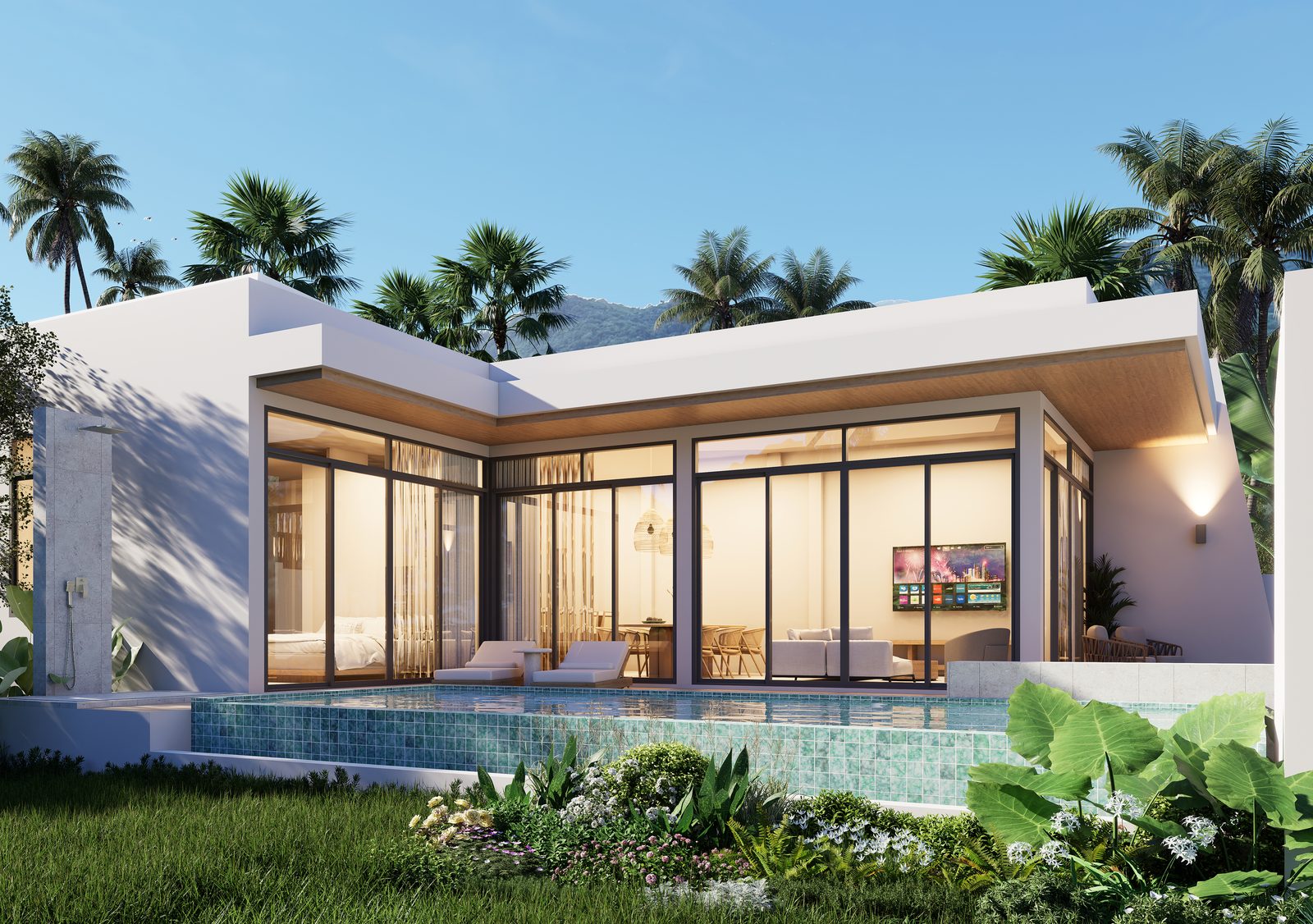 The two-bedroom villa across its private pool