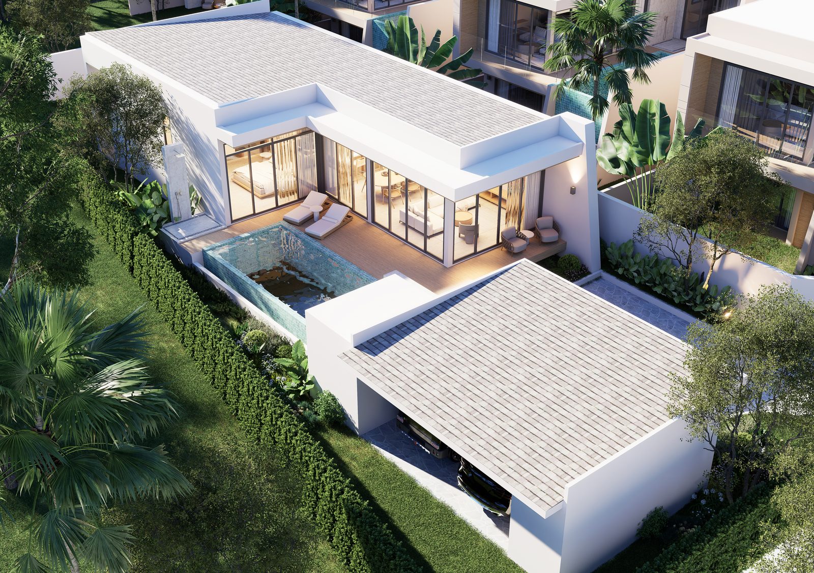 Aerial view of the two-bedroom villa and pool deck