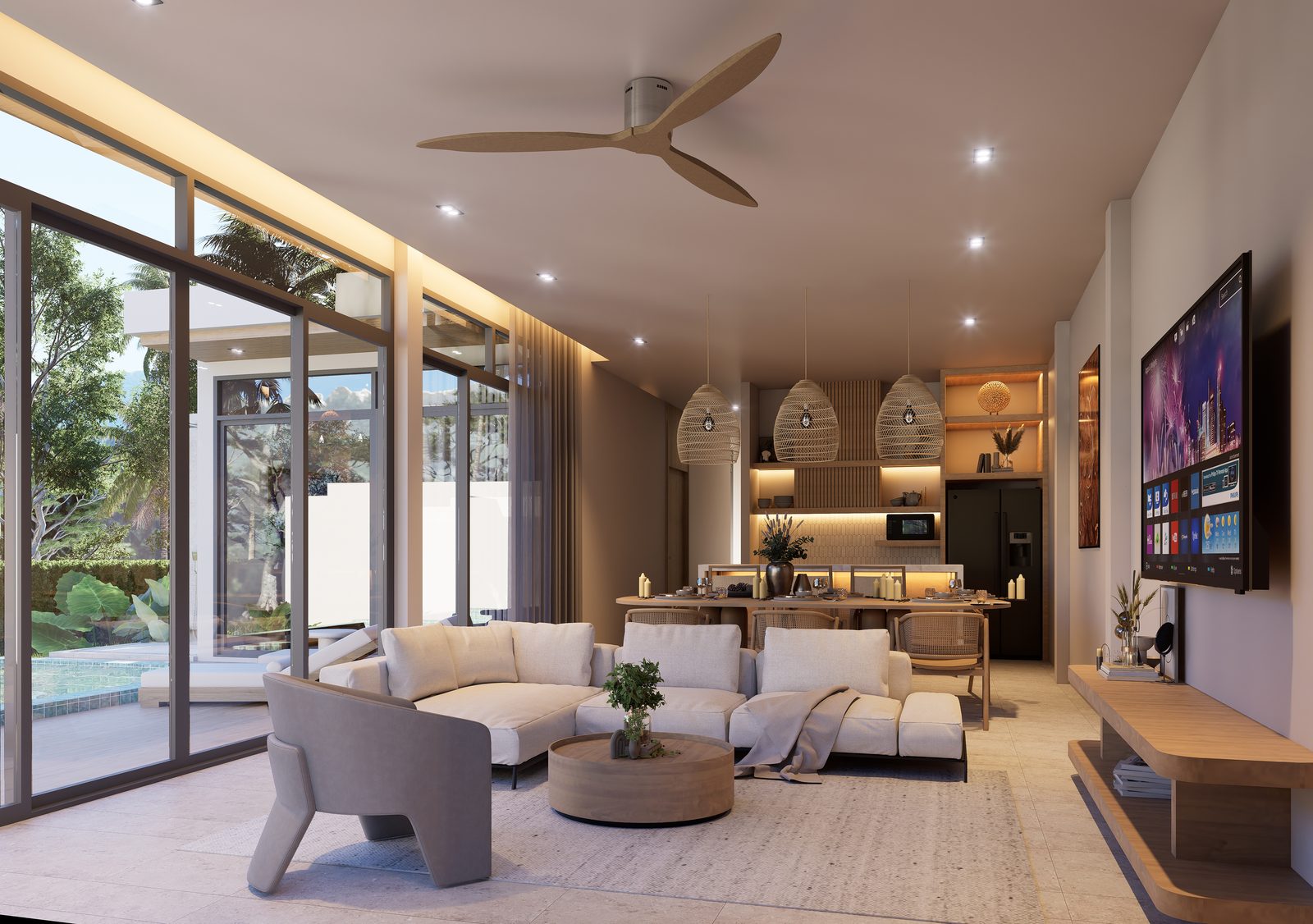 Open-plan living, dining and kitchen in the two-bedroom villa