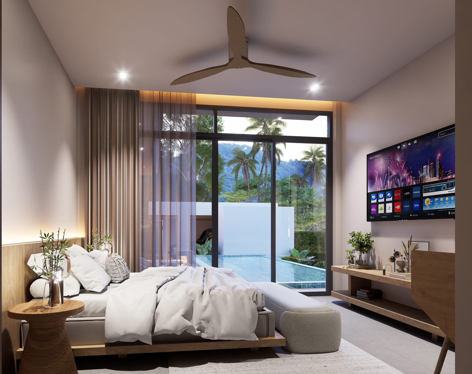 Master bedroom opening onto the pool terrace