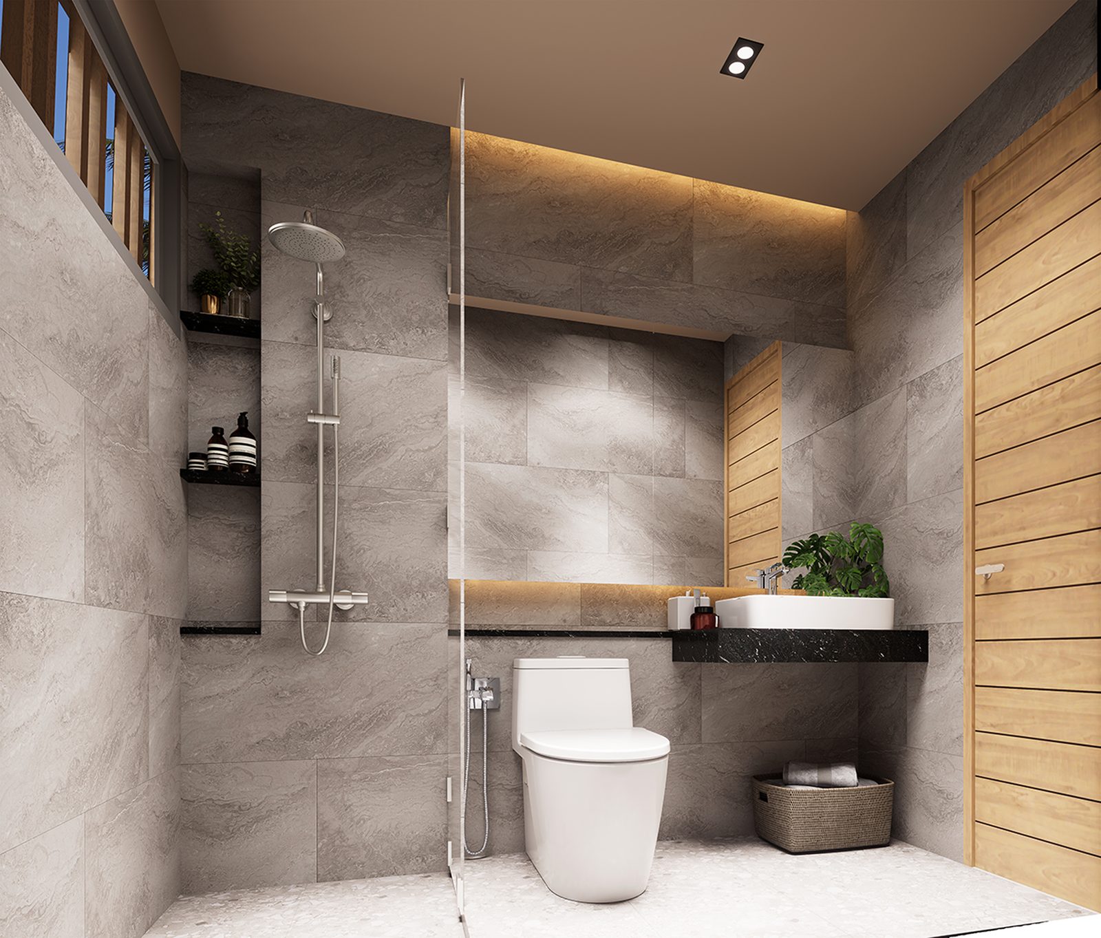 Bathroom with a walk-in shower and timber panelling