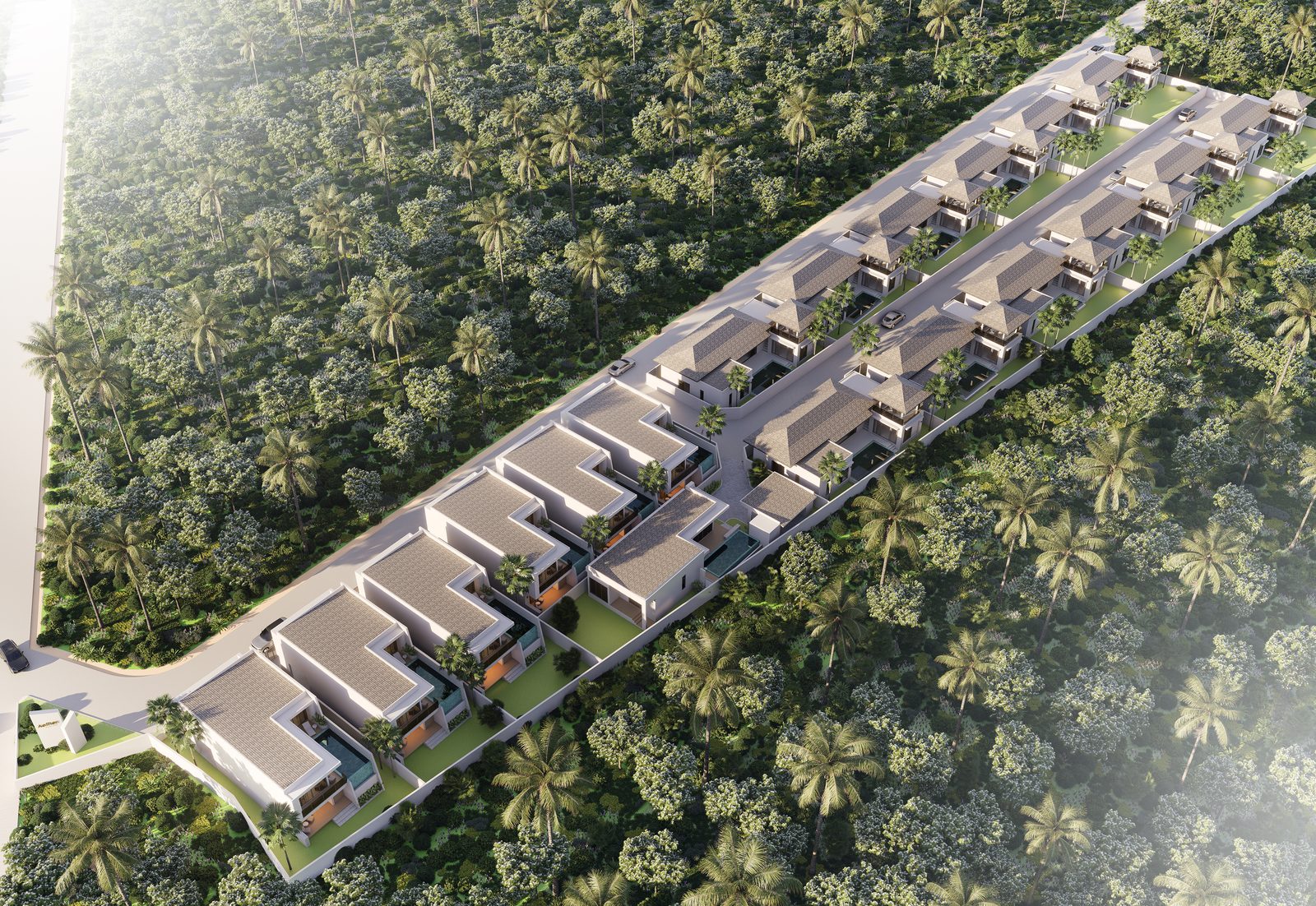 Aerial view of the nineteen-villa estate among the coconut groves
