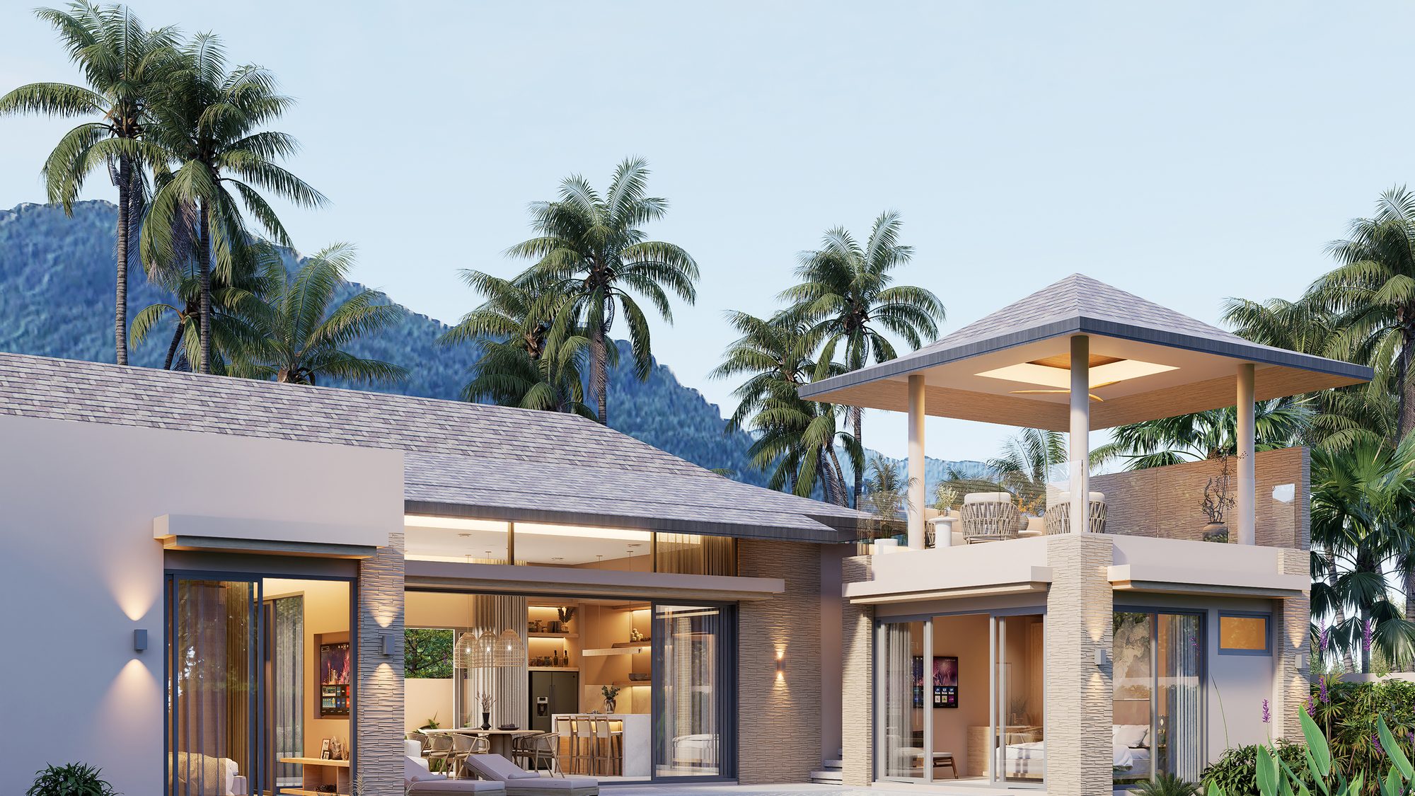 A pair of two-storey villas behind their entrance walls