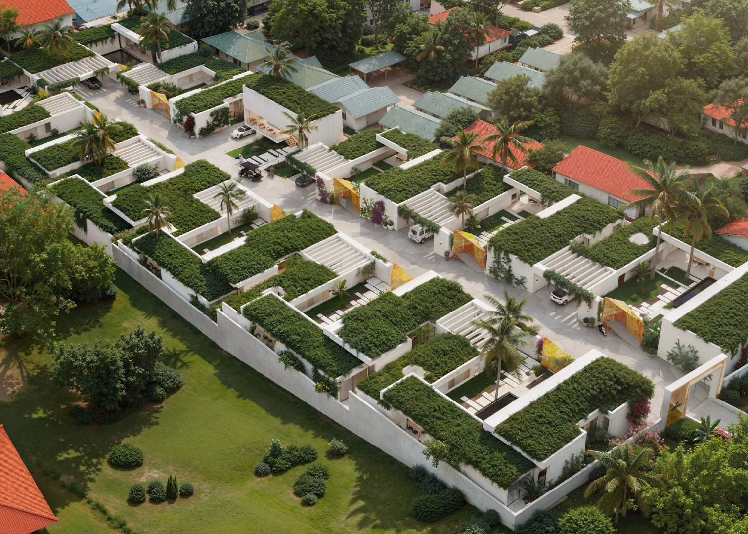 Aerial view of the terraced villa estate on the hillside