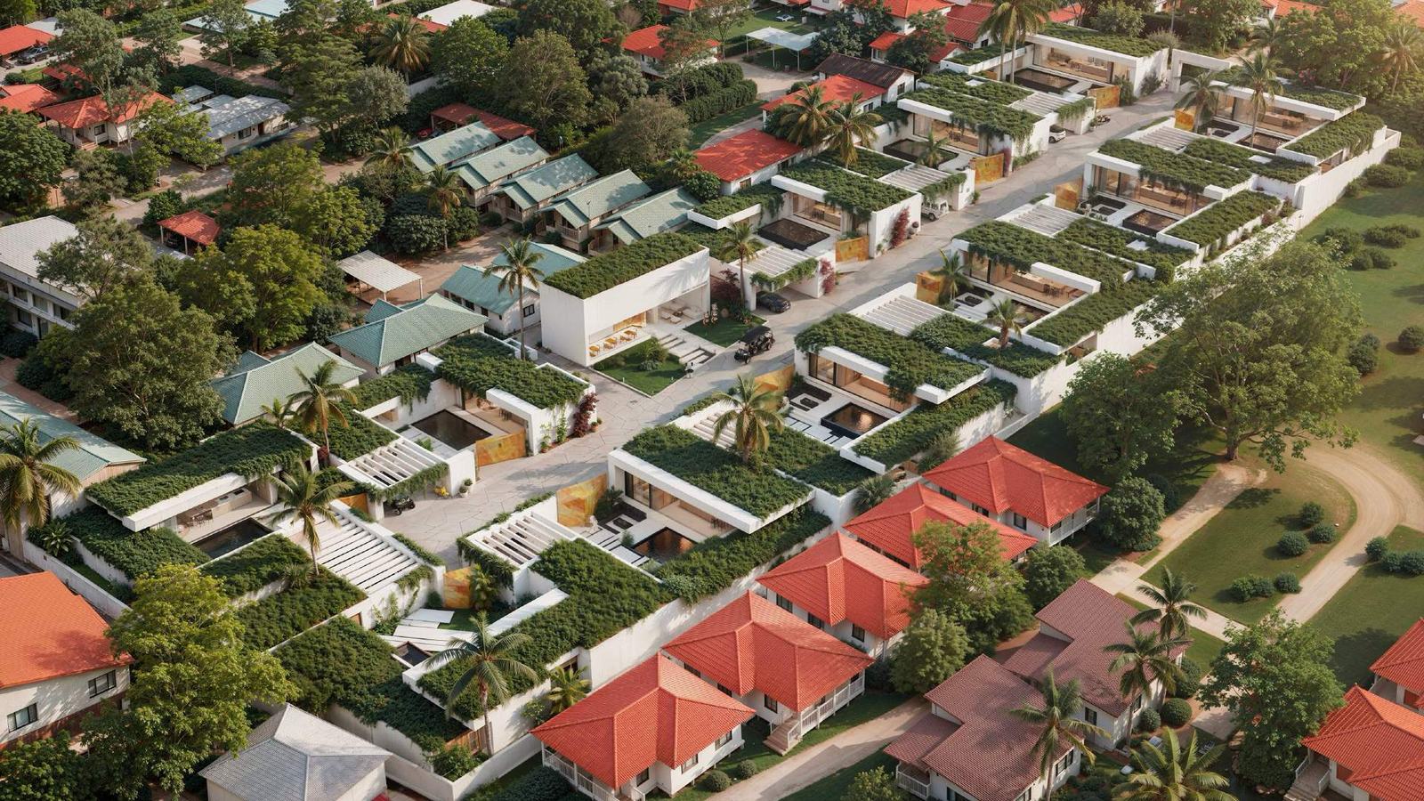 The estate from above, showing the cascading villa terraces
