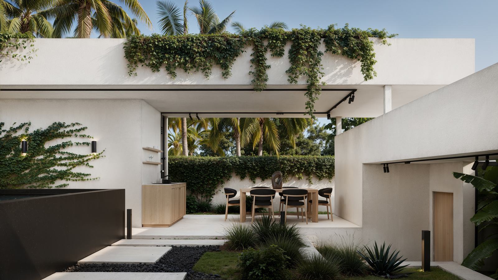Covered outdoor dining area beside the garden