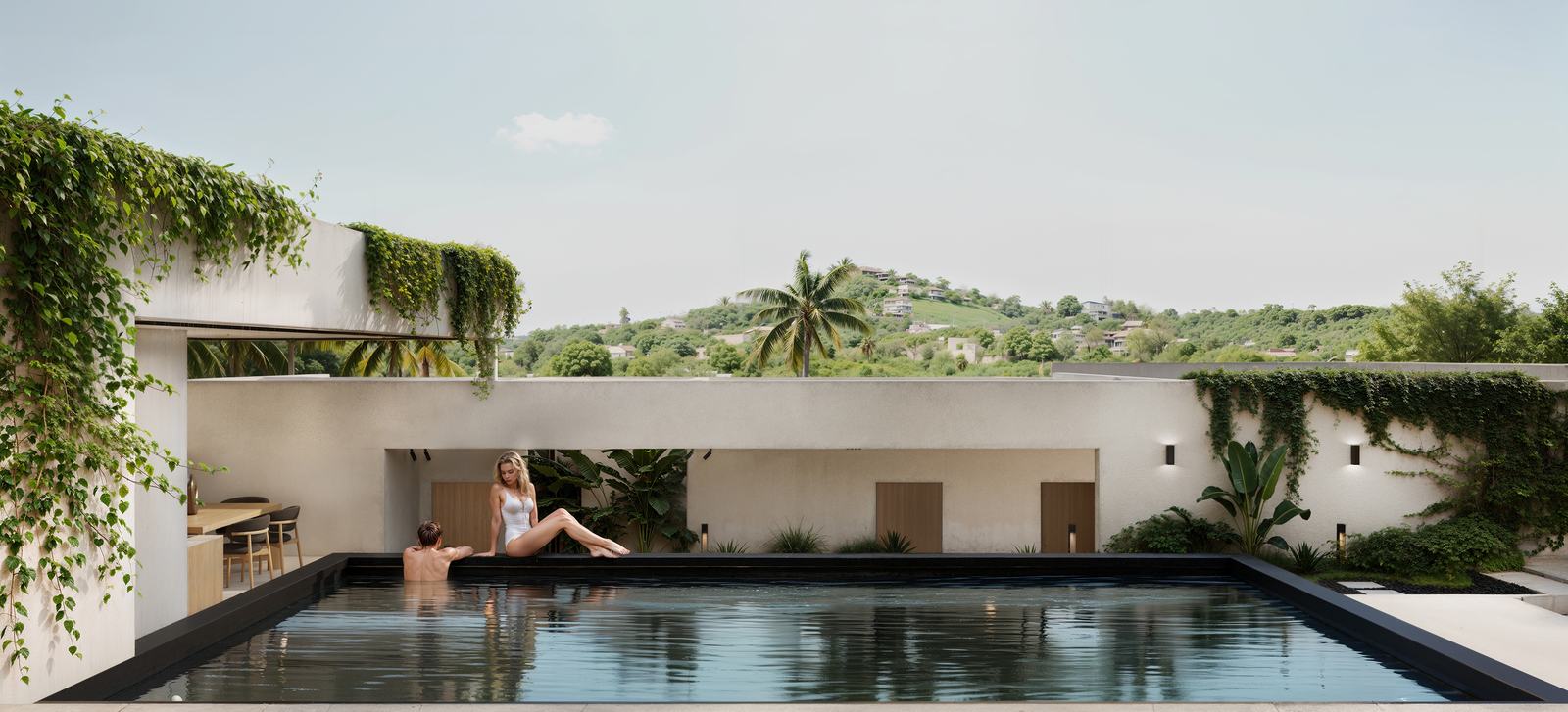 Private pool set into the terrace, with the hills beyond