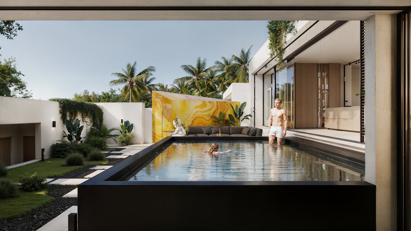 Pool and shaded lounge seen from the living room