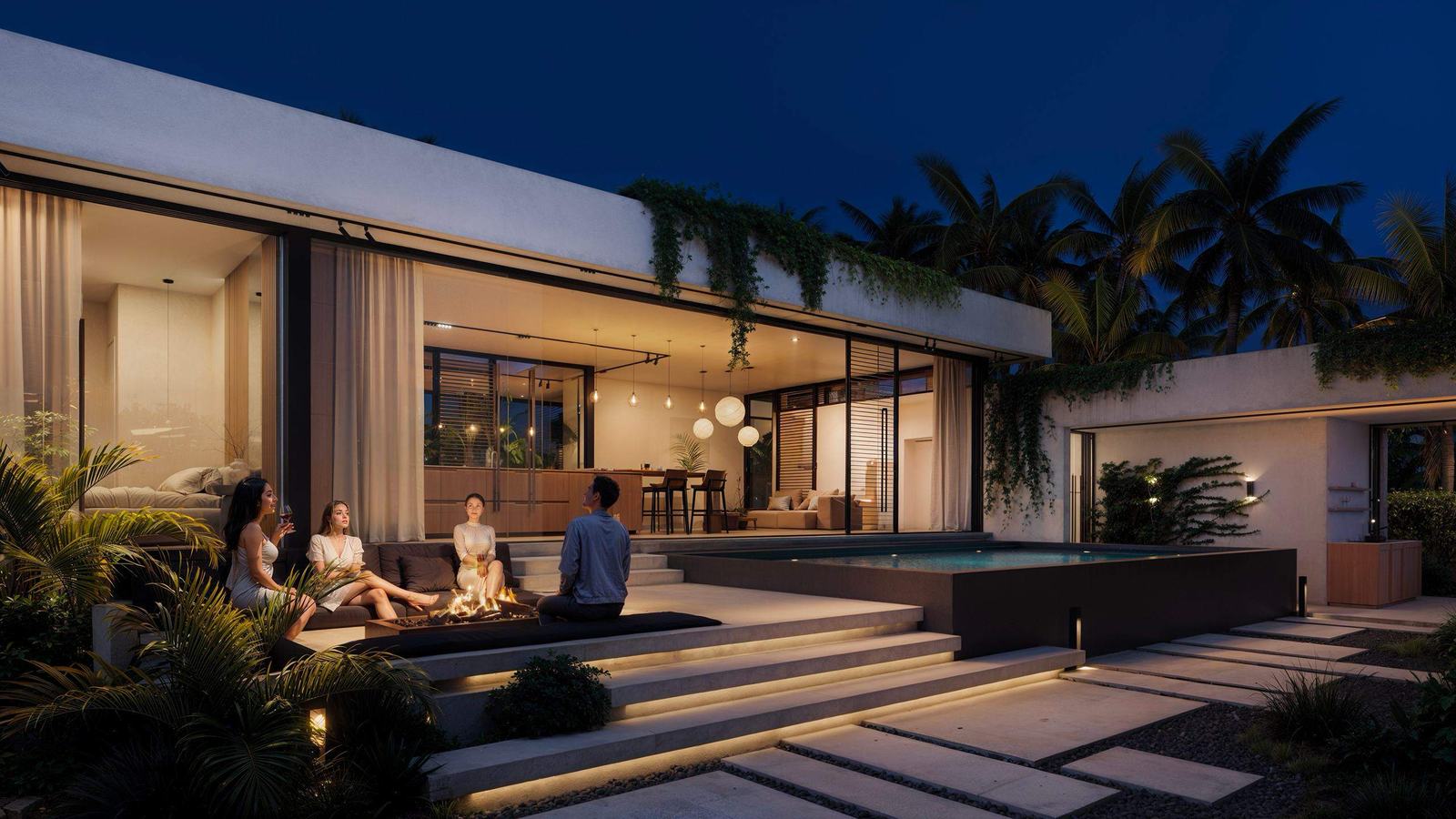 Evening on the terrace, living room open to the pool