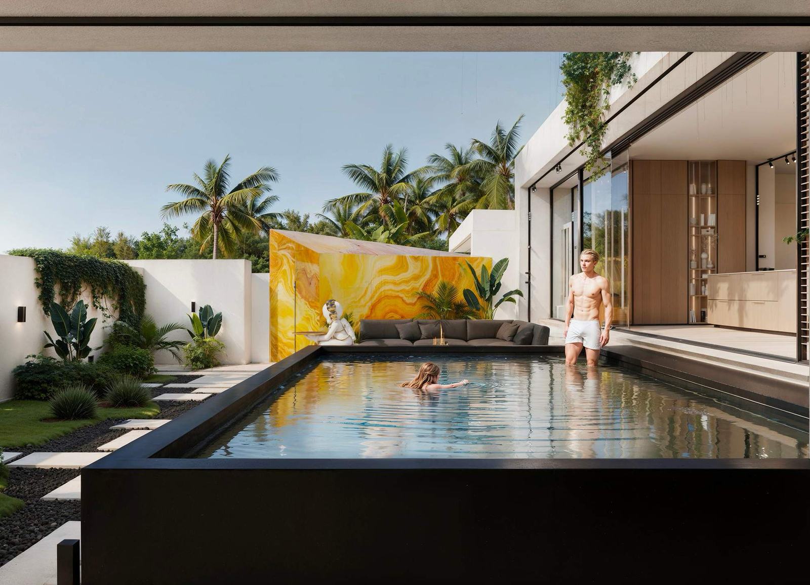 Swimming in the private pool beside the villa