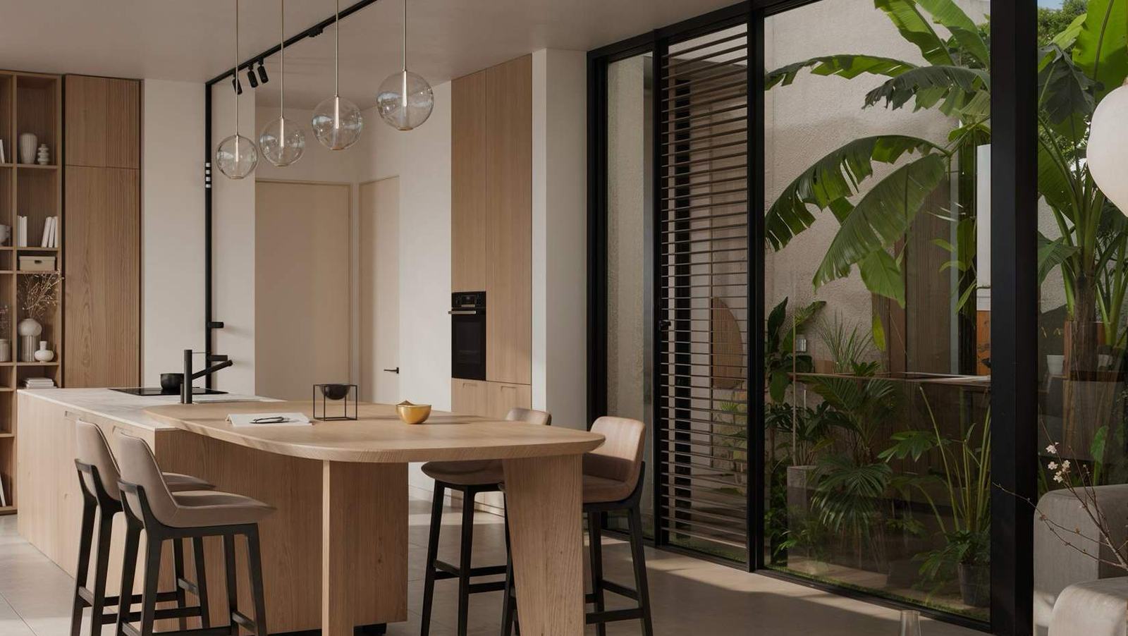 Kitchen island and breakfast seating in oak